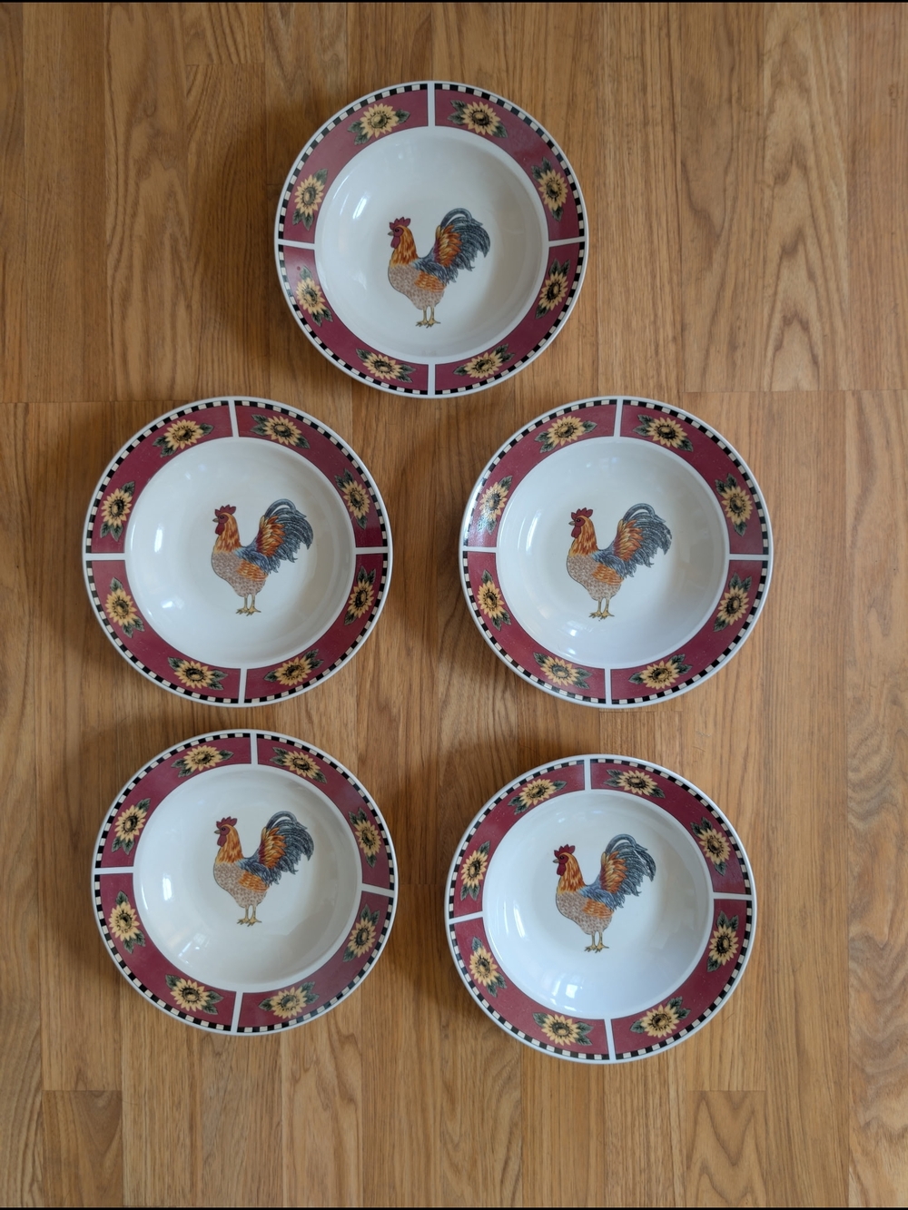 Set of 5 Gibson Country Rooster Stoneware Bowls Sunflower Red Rim